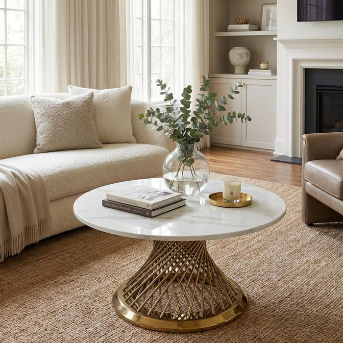 Mesa de Centro Redonda Elegante Dorada de Mármol Cantabria