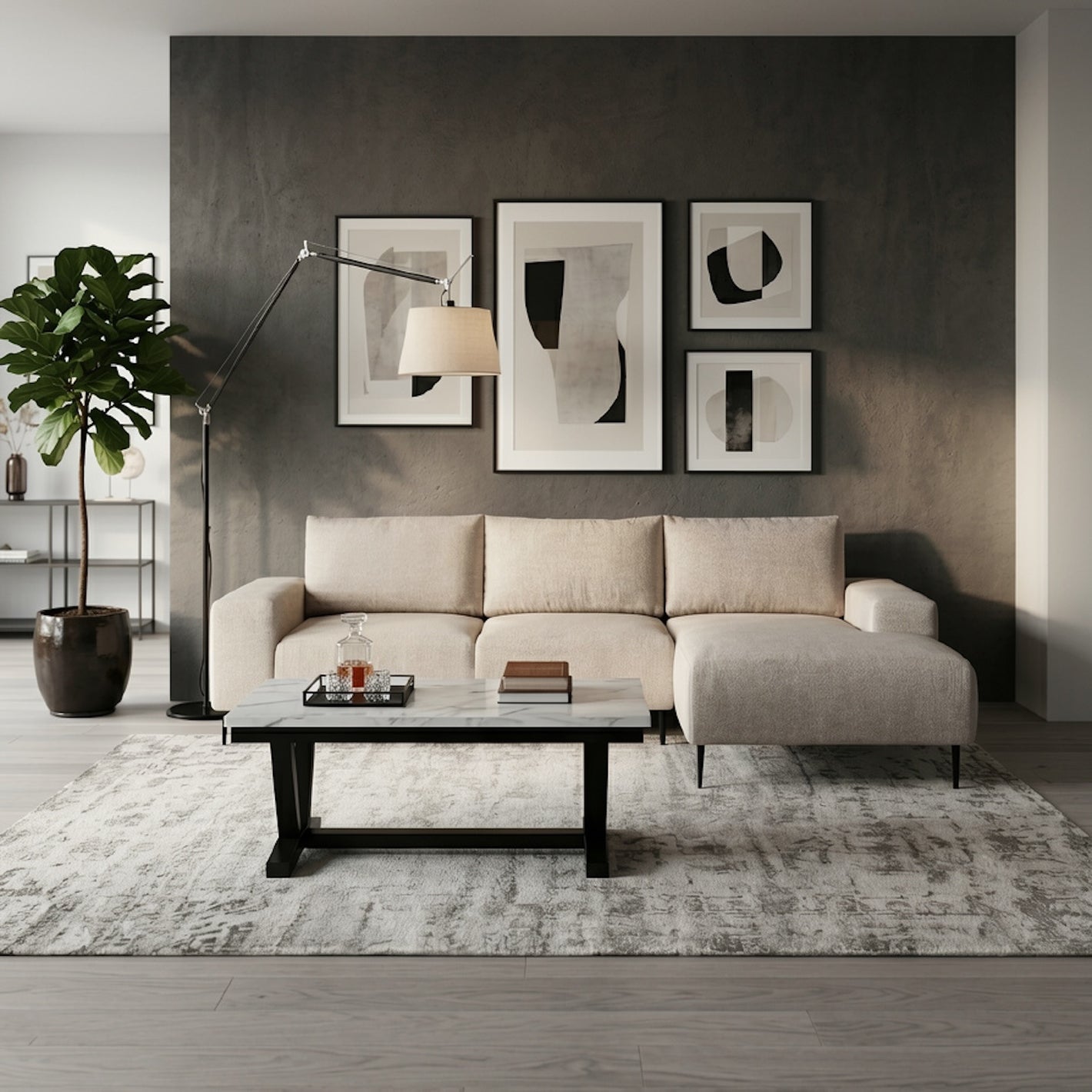 Sofá Seccional Derecho Moderno Beige Castelo + Mesa de Centro Mármol Blanca