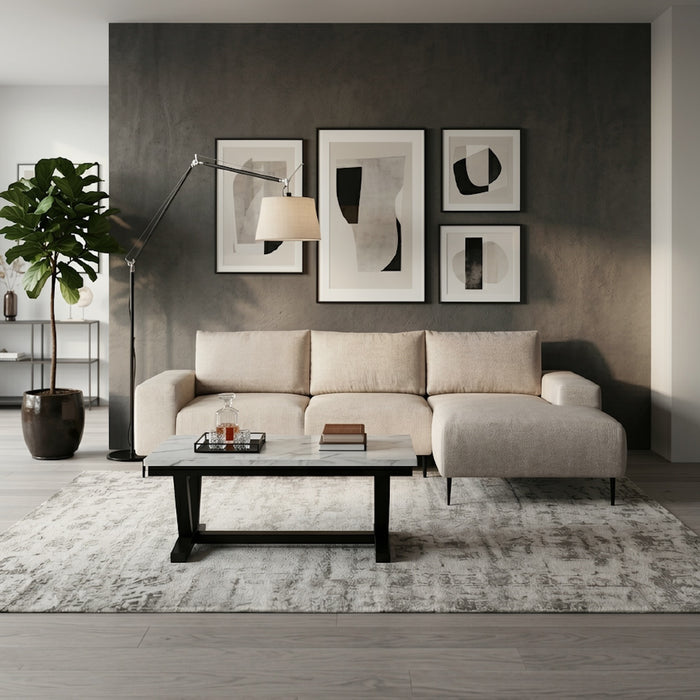Sofá Seccional Derecho Moderno Beige Castelo + Mesa de Centro Mármol Blanca