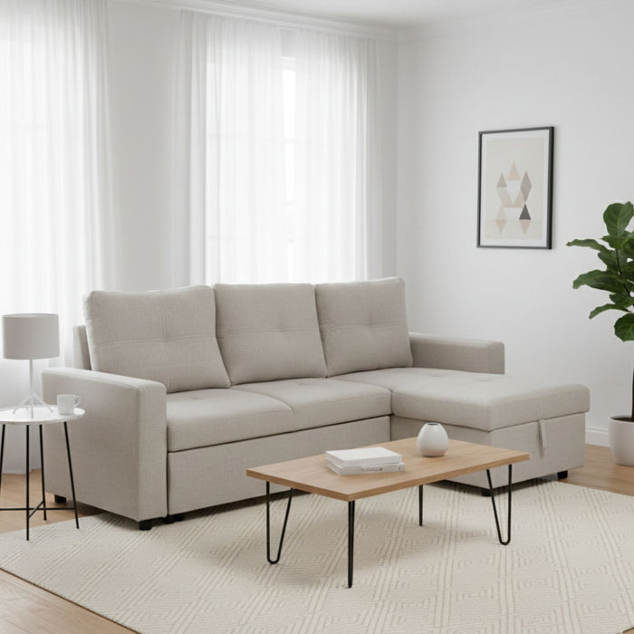 Sofá Seccional Cama 2 Plazas Moderno Lino Grueso Beige Reversible Wing