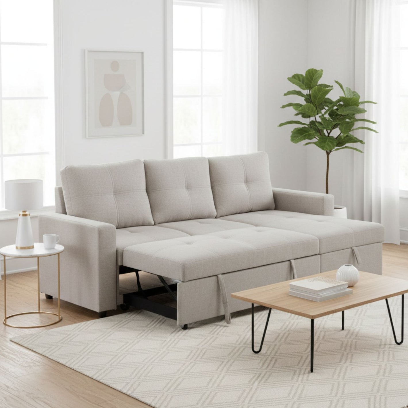 Sofá Seccional Cama 2 Plazas Moderno Lino Grueso Beige Reversible Wing