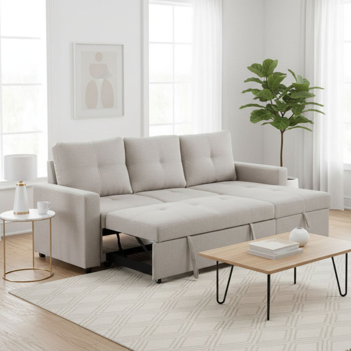 Sofá Seccional Cama 2 Plazas Moderno Lino Grueso Beige Reversible Wing