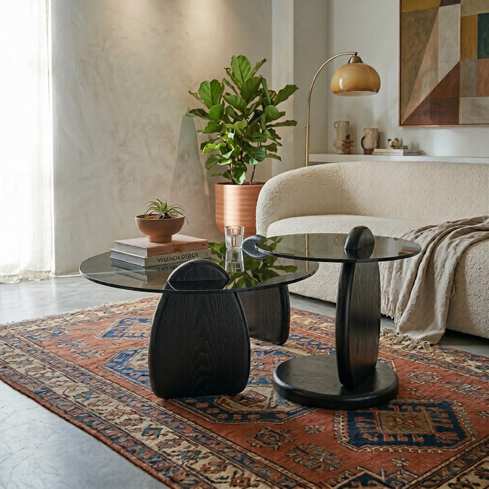 Mesa de Centro Moderna Redonda Vidrio Opaco-Madera Set 2 piezas Munich