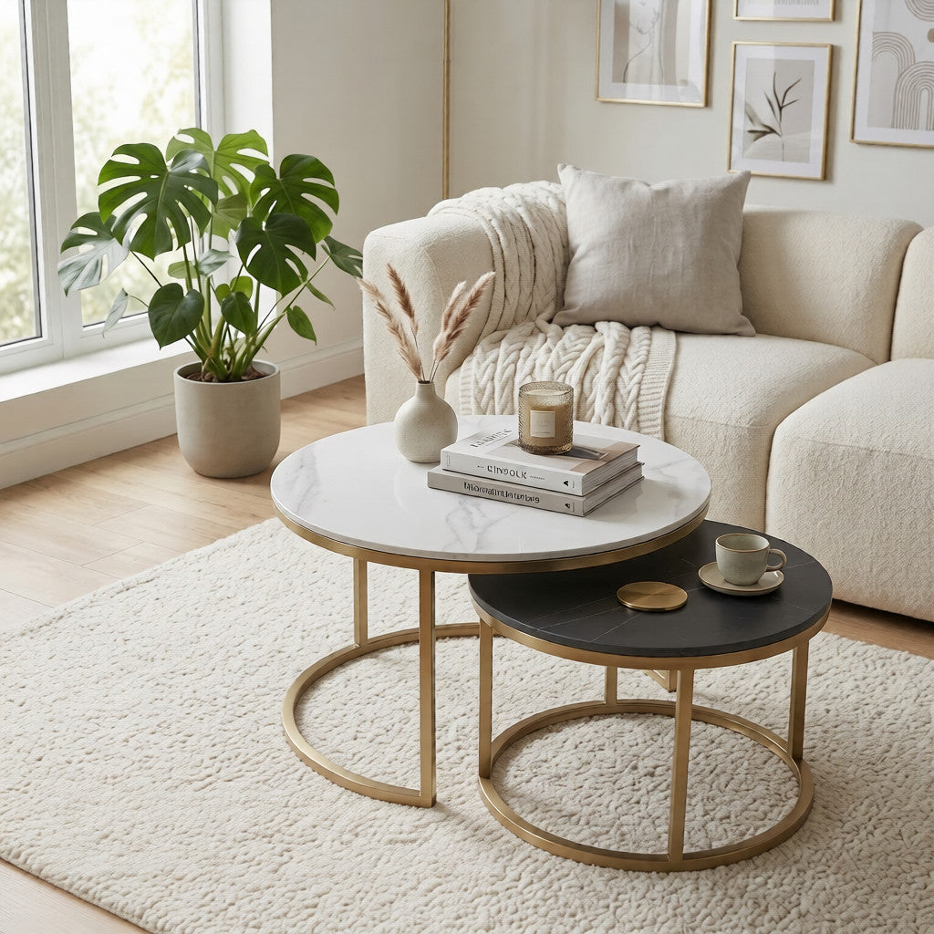 Mesa de Centro Moderna Redonda Mármol Gold Set 2 piezas Padova