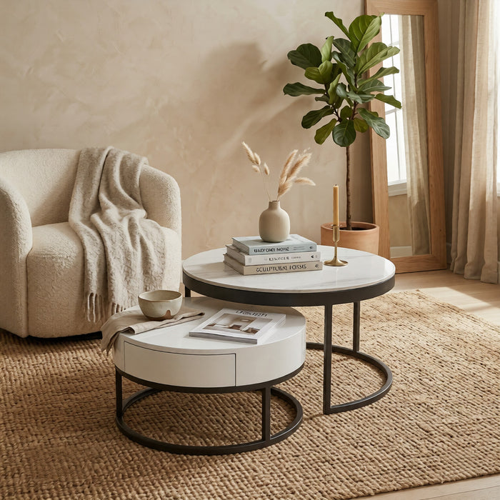 Mesa de Centro Moderna Redonda Mármol Set 2 Piezas Valencia