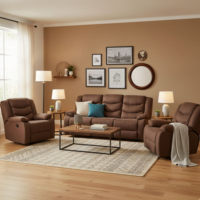 Living Reclinable Sofá 3 Cuerpos + 2 Bergers Reclinable Norman Café Oscuro