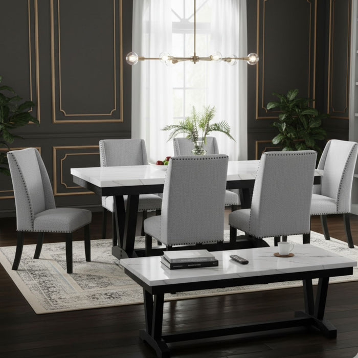 Set de Comedor 6 Sillas Rodeus + Mesa de Centro Mármol Blanco