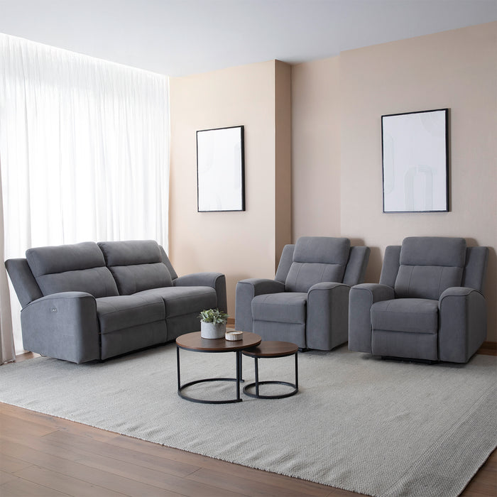 Living Reclinable Sofá 2 Cuerpos + 2 Bergers Eléctricos Montana Gris