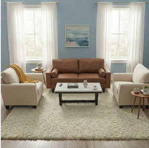 Sofá 3 Cuerpos Lousiana Vintage Cuero Viejo Café + 2 Sillones Beige Moderno y Elegante New Charlotte + Mesa De Centro Moderna Blanca